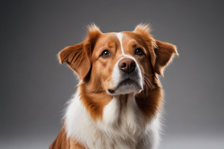 Close-up of the front of a brown and white dogの素材
