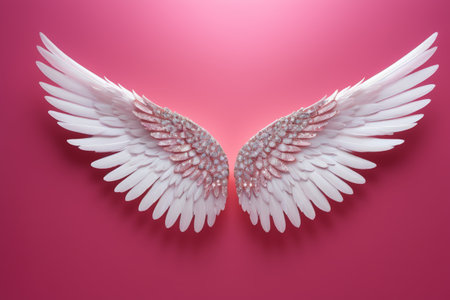 White diamond-encrusted angel wings on a pink backgroundの素材