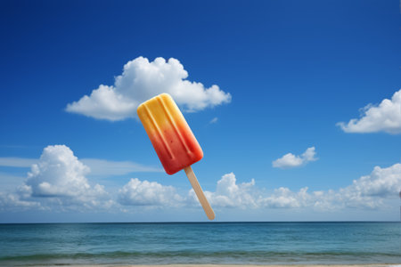 Two-color popsicles floating on the beachの素材