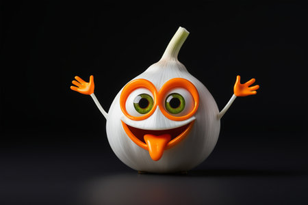 Cartoon garlic image opens double watch with cheerful moodの素材