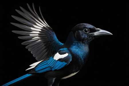 Close-up of a bird with black and blue feathers on its wingsの素材