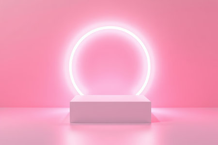 Glowing ring and display stand on pink backgroundの素材