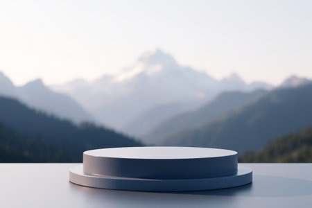 Round display stand in front of mountain viewの素材