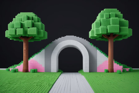 Pixel-style trees and arch bridge landscapeの素材