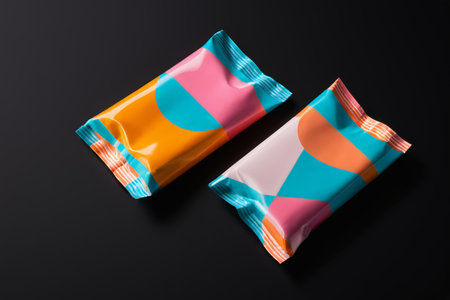 Colorful packaged snack bags still life displayの素材