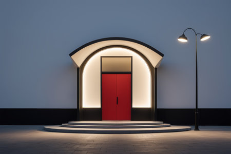 Arched door red door architectural scene at nightの素材