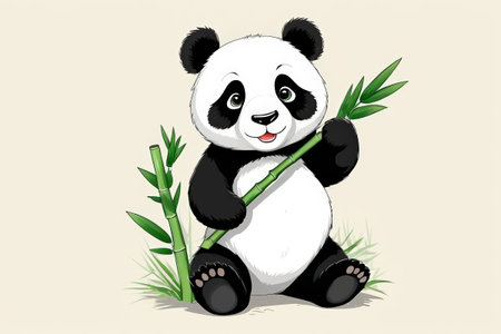 Cute cartoon panda holding bambooの素材