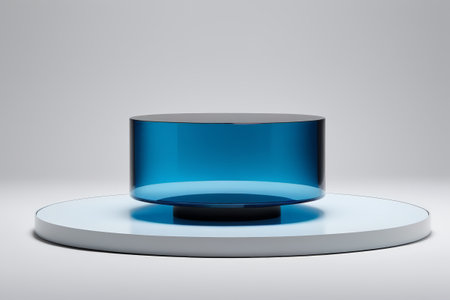 Blue round object placed on white platformの素材