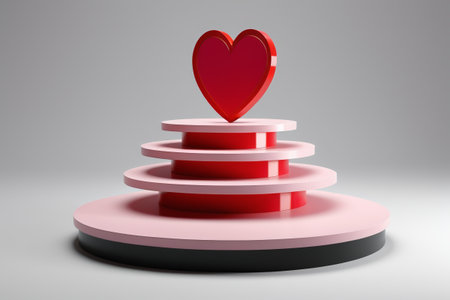 Red hearts stand on multi-story circular platformsの素材