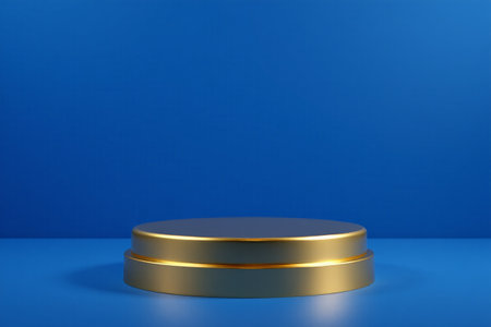 Golden round display stand on blue backgroundの素材
