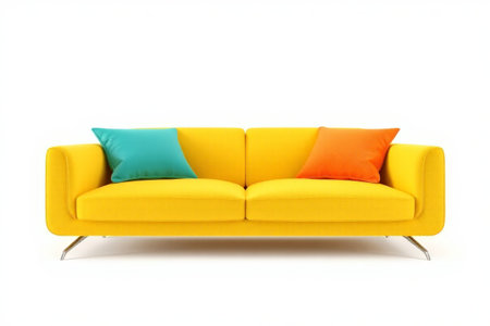Yellow sofa with colorful pillowsの素材