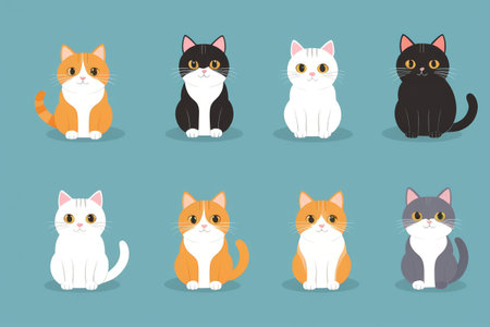 Illustrations of multiple cartoon cats sitting uprightの素材