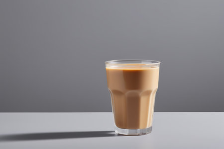 Close-up of a still life with a brown drink in a glassの素材