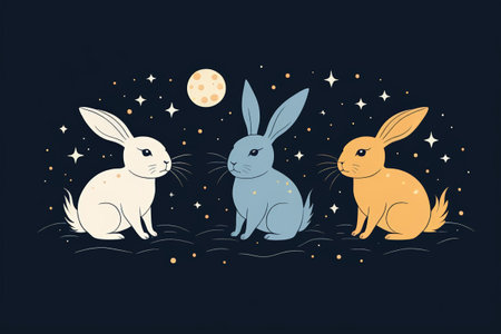 Three Rabbits Under the Moonlight Illustration Materialの素材