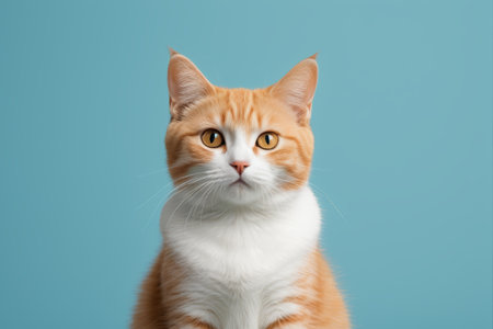 Orange and white pet cat on blue backgroundの素材
