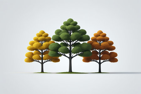Three cartoon-style trees in different colorsの素材
