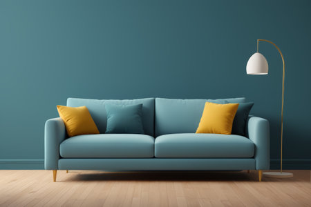 Blue sofa with floor lamp interior sceneの素材