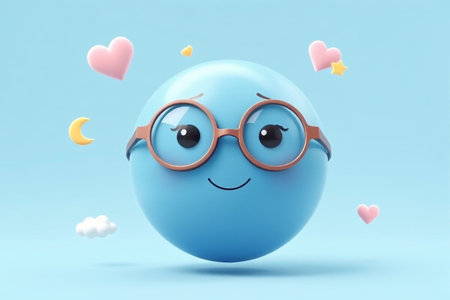 Blue cartoon expression image with glassesの素材