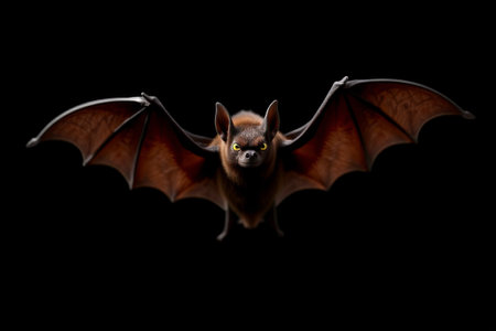 Close-up of a bat flying with its wings spreadの素材