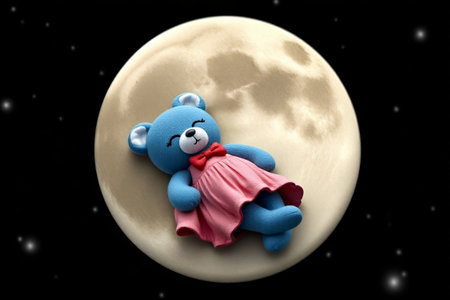 Baby bear doll lying on the moonの素材