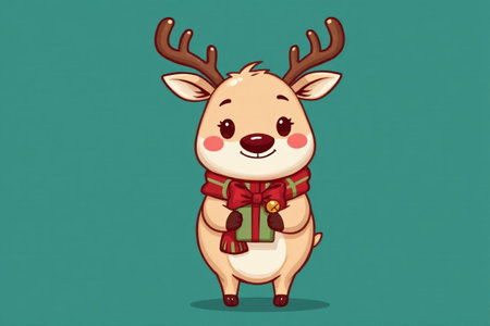 Cartoon reindeer holding gift imageの素材