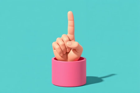 Hands with index fingers raised in pink containerの素材