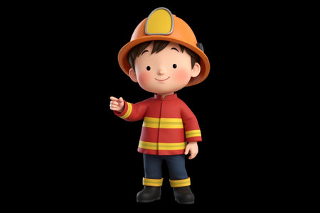 Cartoon firefighter image pointing forwardの素材