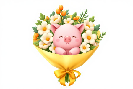 Cartoon Piglet and Bouquet Illustrationの素材