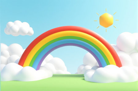 Rainbow landscape under blue sky and white cloudsの素材