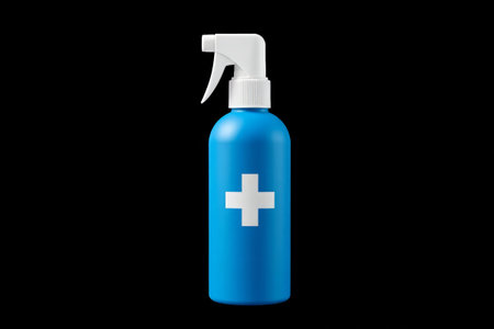Close-up of blue disinfectant spray bottleの素材