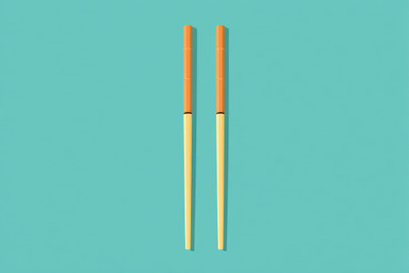 Chinese chopstick cutlery on blue backgroundの素材