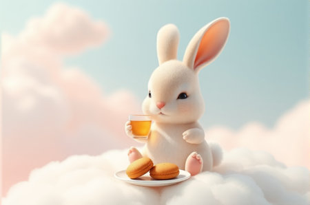 Cloud White Rabbit enjoys drinks and dessertsの素材