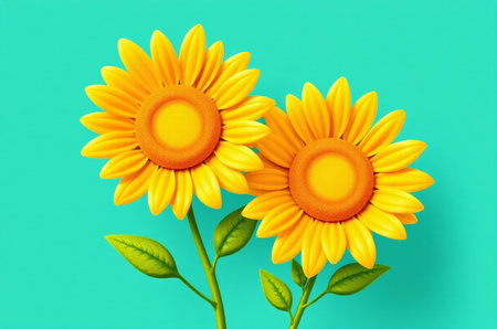 Two yellow sunflowers on a blue backgroundの素材