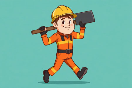 Cartoon worker carries tools forwardの素材