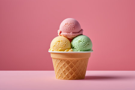 Three-color ice cream balls in a coneの素材