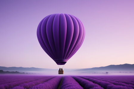 Purple hot air balloon flies over lavender fieldsの素材