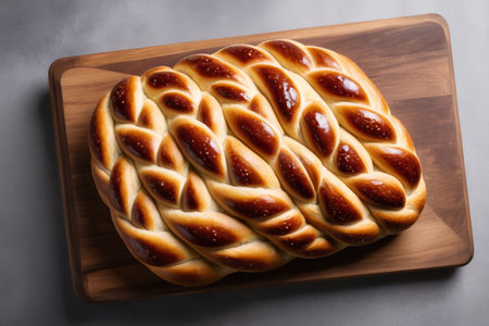 Delicious woven bread on a wooden cutting boardの素材