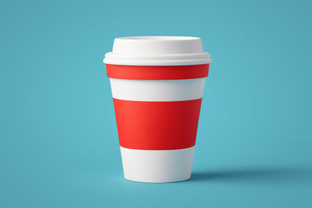 Disposable coffee cup with red and white background on blueの素材