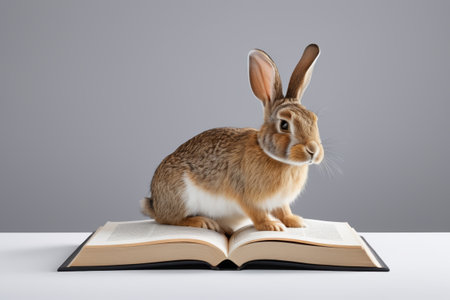 Rabbit sitting on an open bookの素材