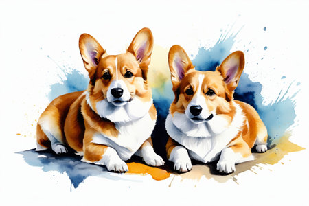 Watercolor illustration of two corgisの素材