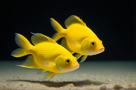 Two yellow ornamental fish swimming in the waterの素材