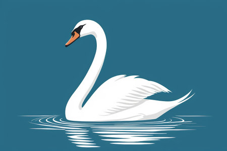 White swans swimming against a blue backgroundの素材