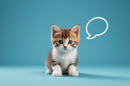 Close up of cute kitten in front of blue backgroundの素材