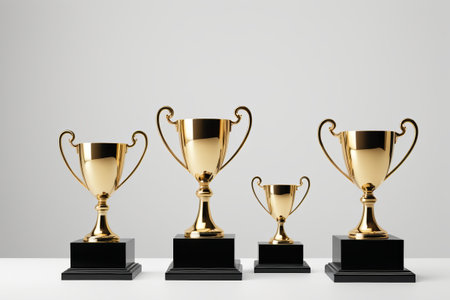 Multiple golden trophies on displayの素材