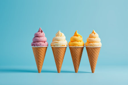 Four different flavors of ice cream conesの素材