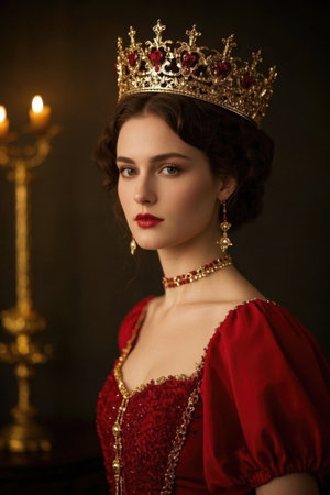 Young woman in red dress and crownの素材