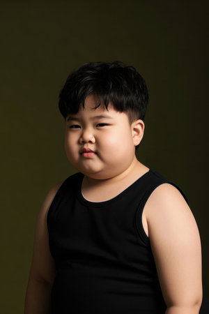 Chubby little boy wearing a black vestの素材