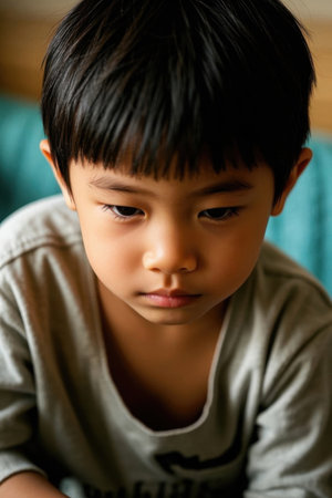 The melancholy little boy looked down in thoughtの素材