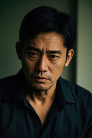 Close-up of a portrait of a melancholic middle-aged manの素材