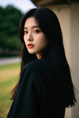 Young woman with a side-faced look backの素材